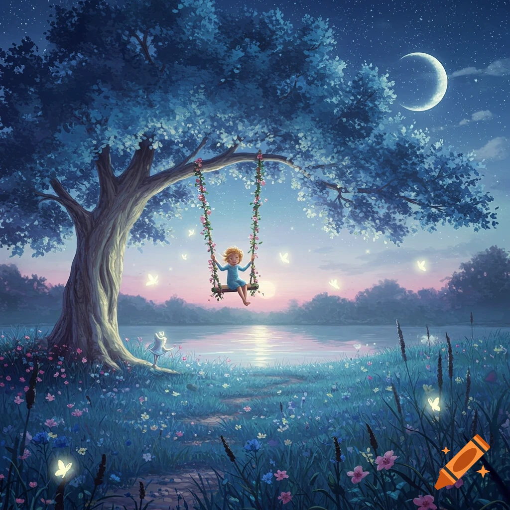 A blonde child swings under a blue-leafed tree by a moonlit lake at dusk, with glowing butterflies, in a whimsical style.