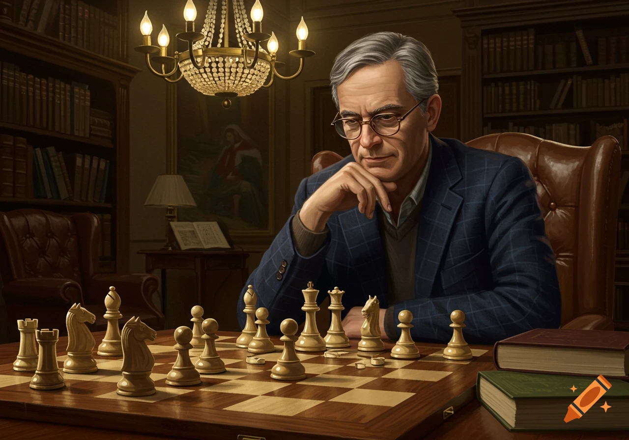 A middle-aged man in spectacles thoughtfully sits before a chessboard in a classic study, surrounded by bookshelves.