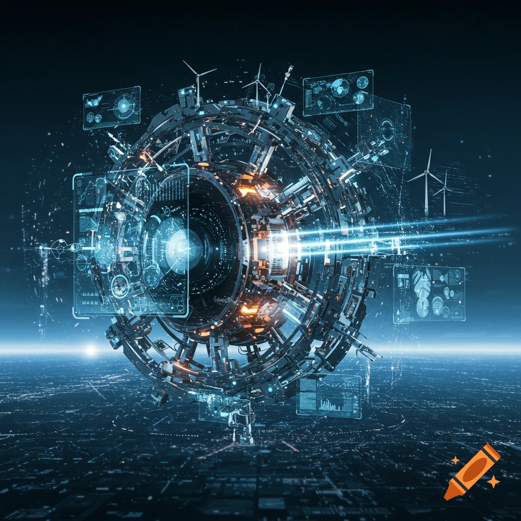 A detailed, glowing futuristic technological sphere with holographic data displays and wind turbines above a sprawling digital city, concept art.