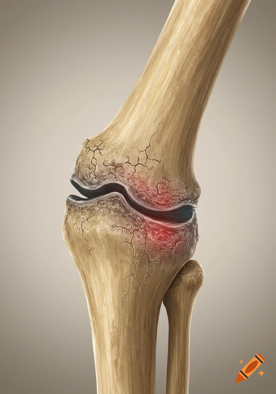 Anatomical illustration of a knee joint affected by osteoarthritis, showing cracked bones and inflammation.