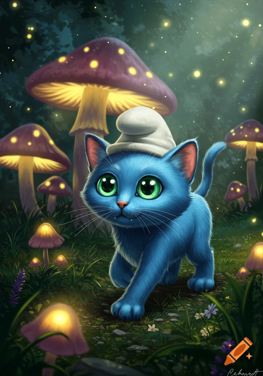 A cute blue cat with green eyes wears a white Smurf hat in a magical forest with glowing mushrooms and fireflies, digital art.