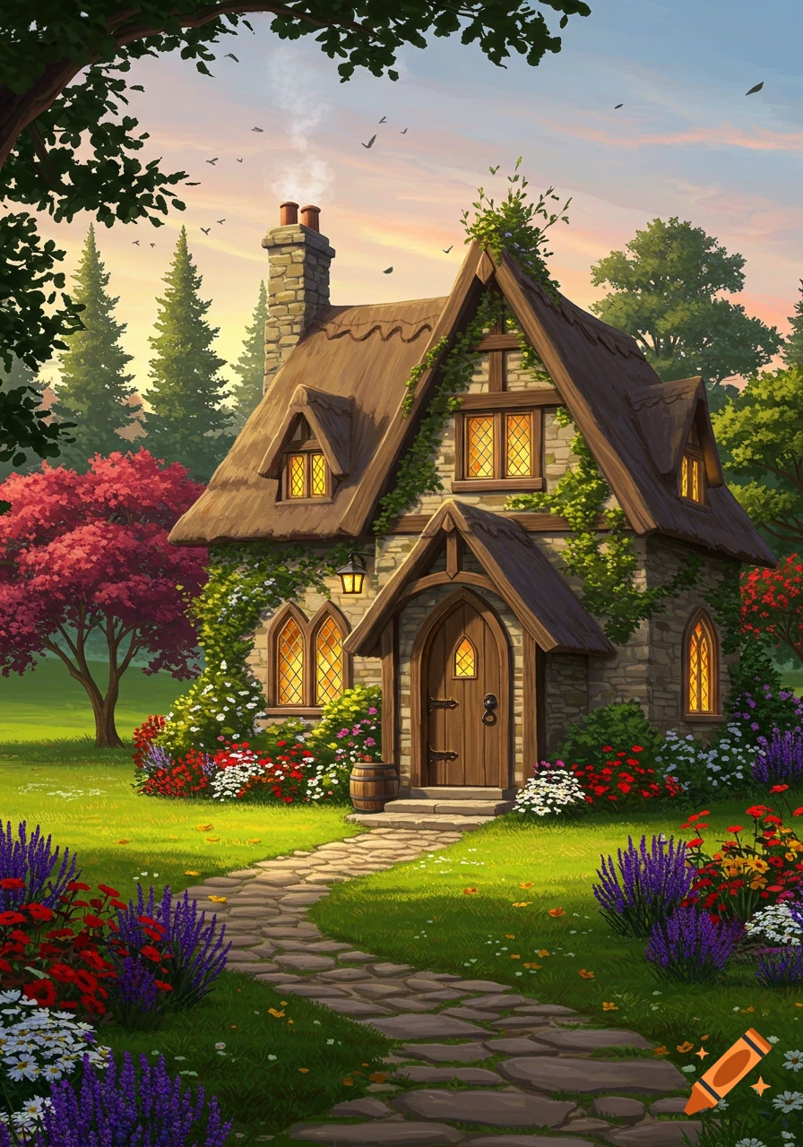 A whimsical, ivy-covered cottage with a thatched roof, surrounded by a vibrant garden with colorful flowers and lush trees, under a warm sky.
