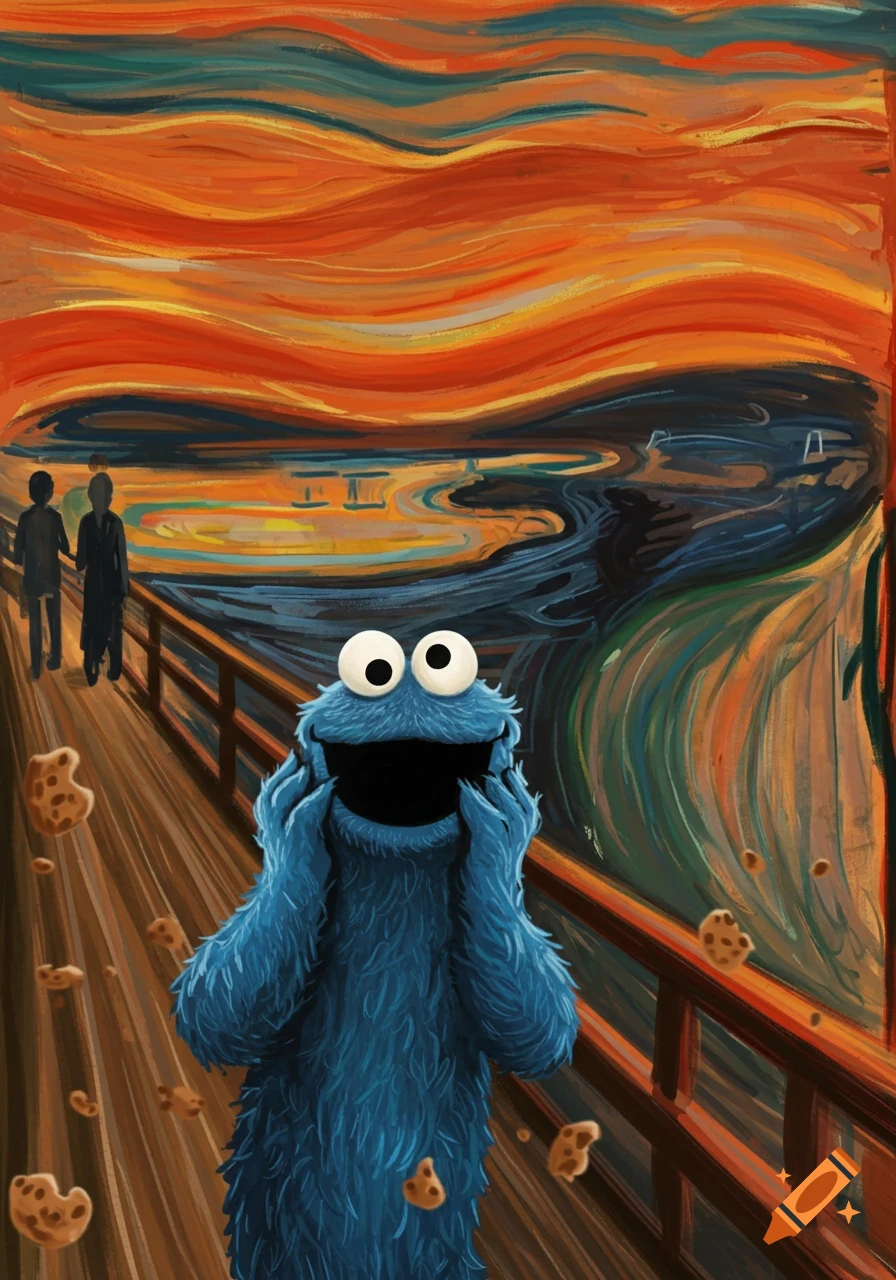 Cookie Monster screaming on a bridge as cookies fall, in the style of Munch's The Scream painting.