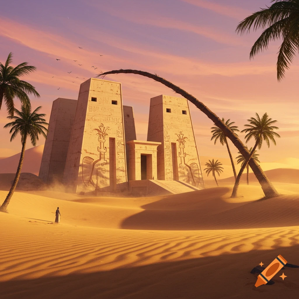 A person approaches an ancient temple in a vast desert landscape with palm trees under a colorful sunset sky.