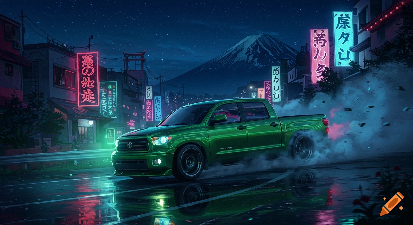A vibrant green Toyota Tundra pickup truck drifts on a wet road in a neon-lit Japanese city at night, with Mount Fuji in the background.