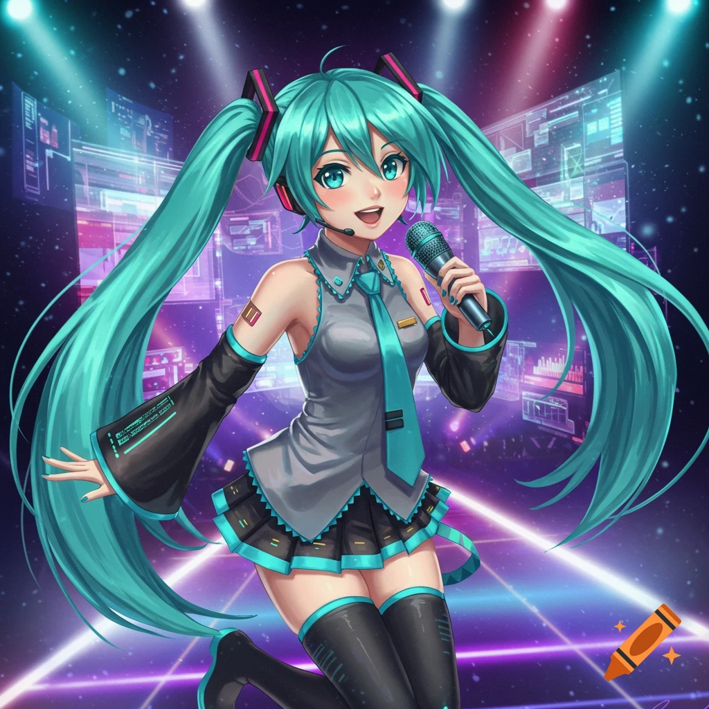Vibrant anime-style illustration of Hatsune Miku singing on a stage with glowing background screens and spotlights.