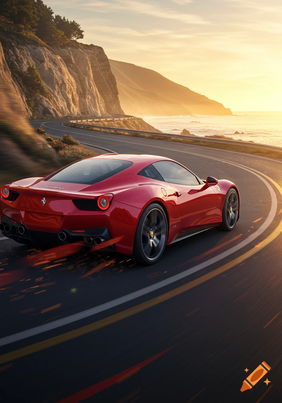 A sleek red Ferrari sports car drives along a winding coastal road at sunset, with cliffs and ocean in the background.