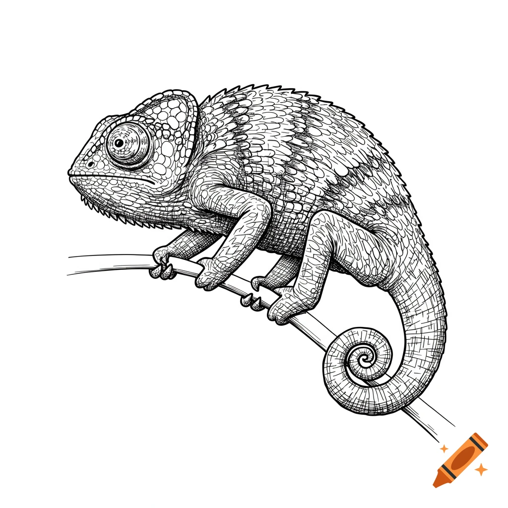 A black and white line drawing of a chameleon with a coiled tail, sitting on a branch.
