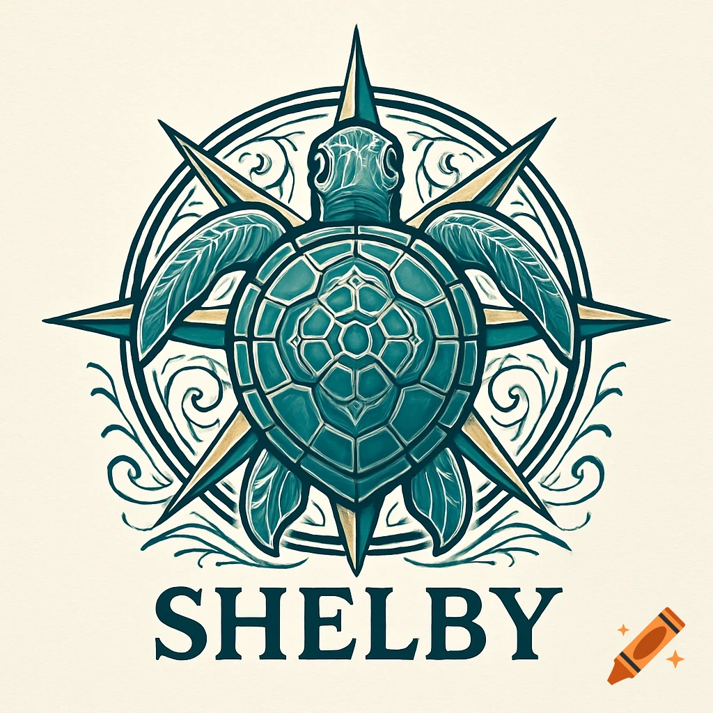 A stylized teal sea turtle logo with a compass rose and the name SHELBY below it on a light background.