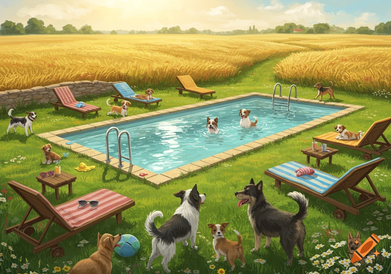 Illustration of dogs playing in a swimming pool surrounded by lounge chairs and a golden field on a sunny day.