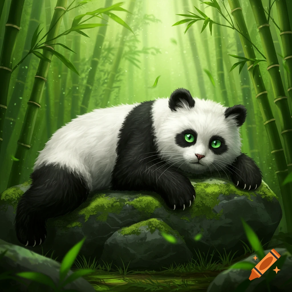 A fluffy cat-panda hybrid with bright green eyes lies on a mossy rock in a sunlit bamboo forest.