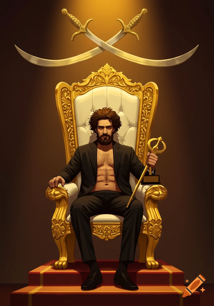 Bearded man in an open suit jacket sits on a golden throne, holding a scepter, with crossed scimitars overhead.