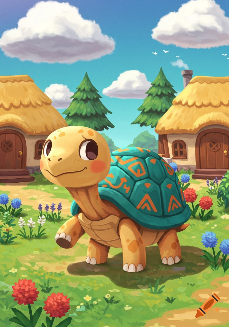 A cute, smiling cartoon turtle with a patterned teal shell stands in a vibrant green village field with houses and trees.