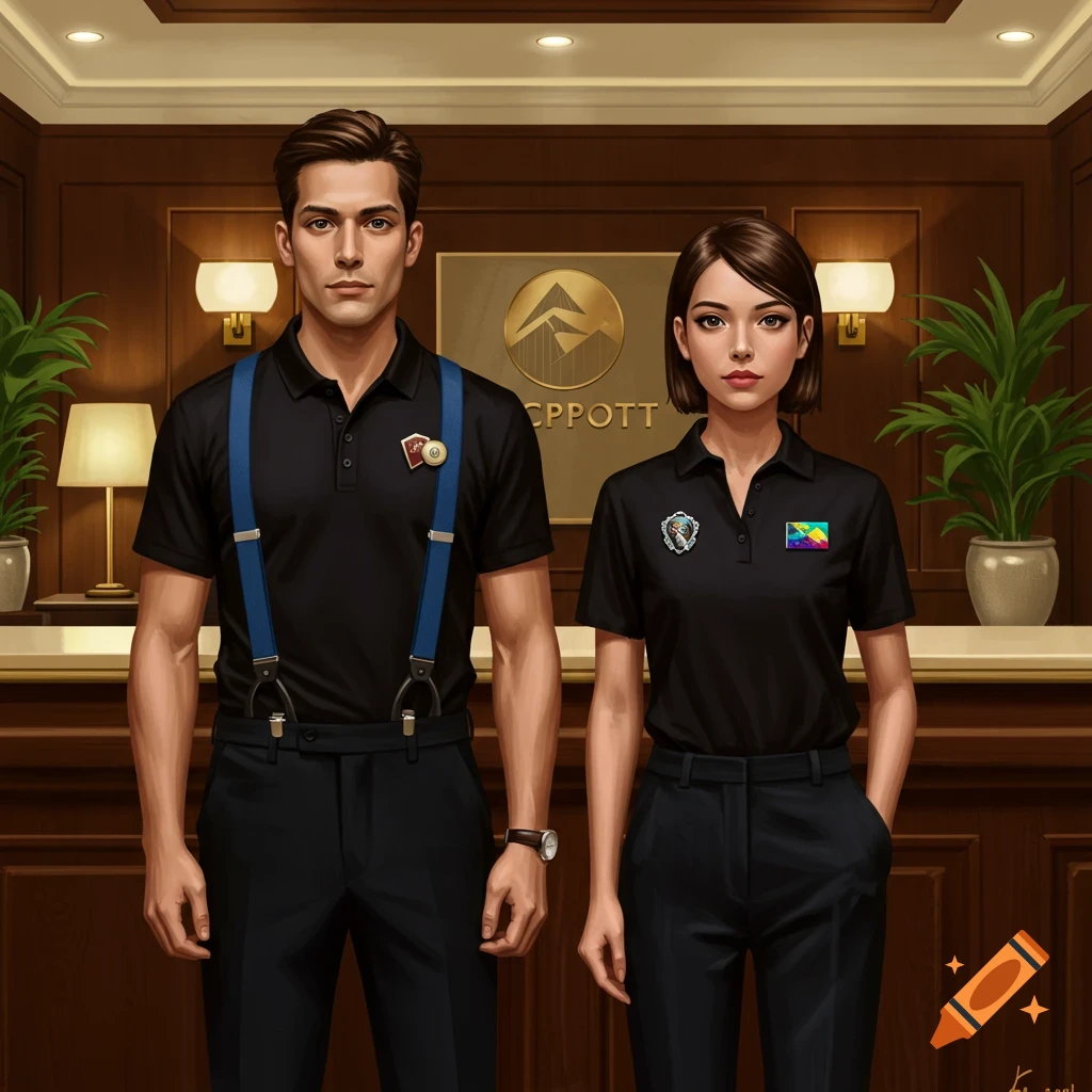 Stylized illustration of a man with blue suspenders and a woman in black polos standing professionally at a hotel reception desk.
