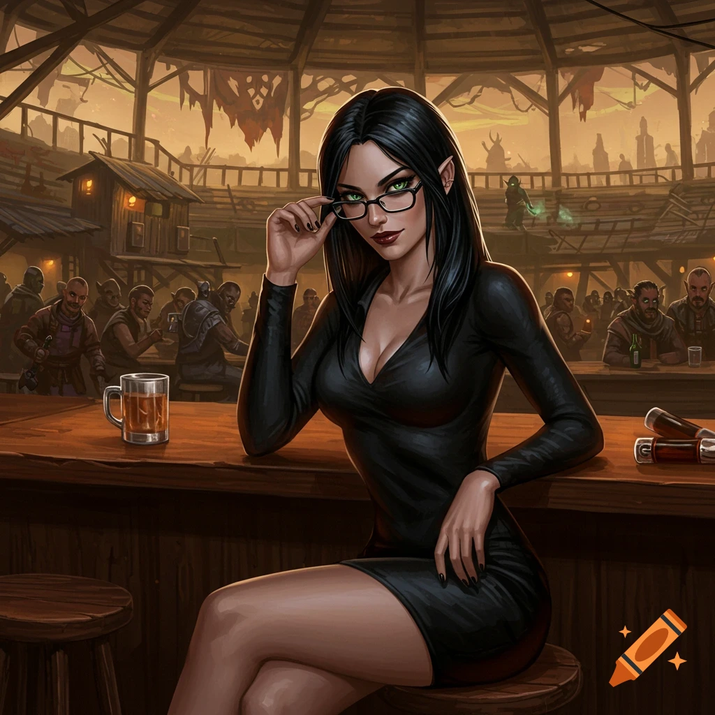An elegant woman with long black hair, green eyes, and glasses, wearing a black mini-dress, sits at a bar in a fantasy tavern.