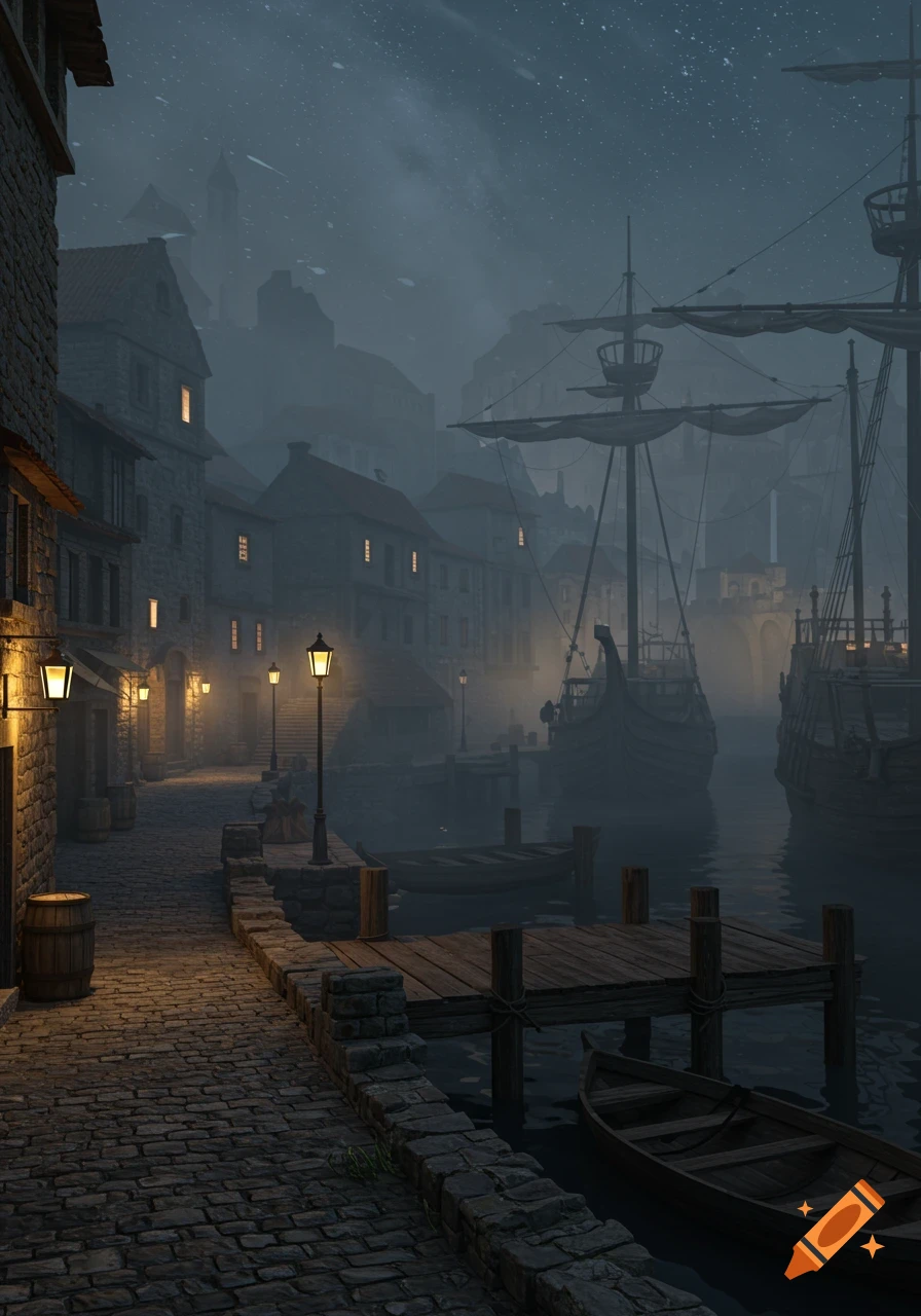 A foggy medieval harbor at night with cobblestone streets, lit lanterns, and large ships docked in the water.