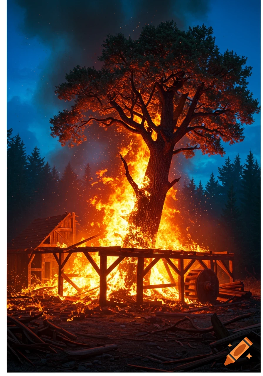 A large tree ablaze, towering over a burning sawmill in a dark forest, with smoke and embers rising.