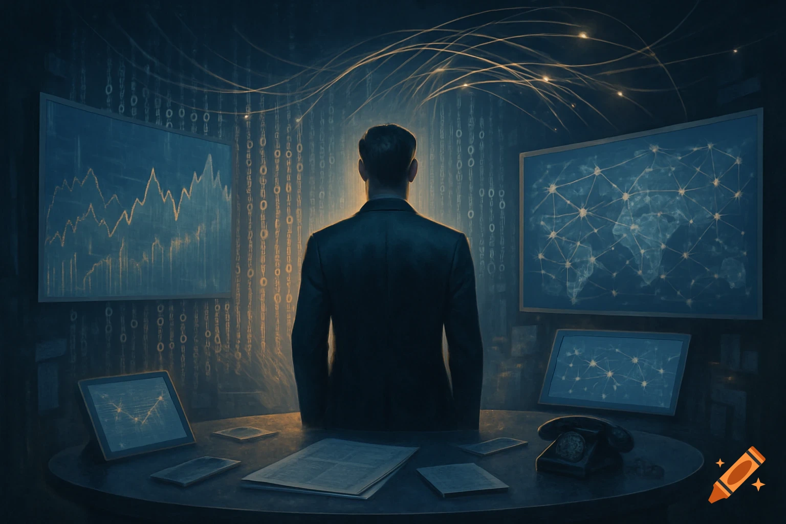 A person in a suit observes data screens with graphs, a world map, and binary code in a dark, stylized tech setting.