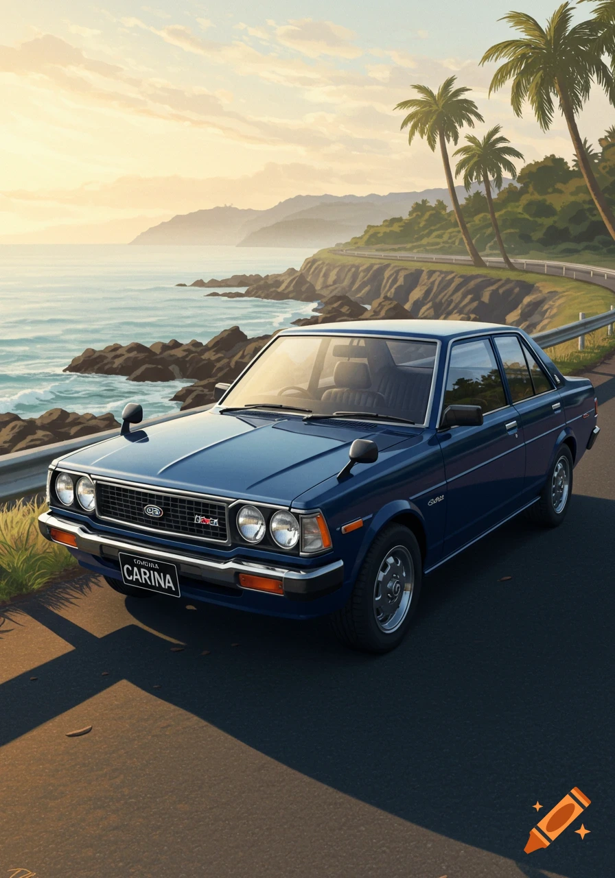 A blue Toyota Carina sedan is parked on a scenic coastal road at sunset, with palm trees and ocean in the background.