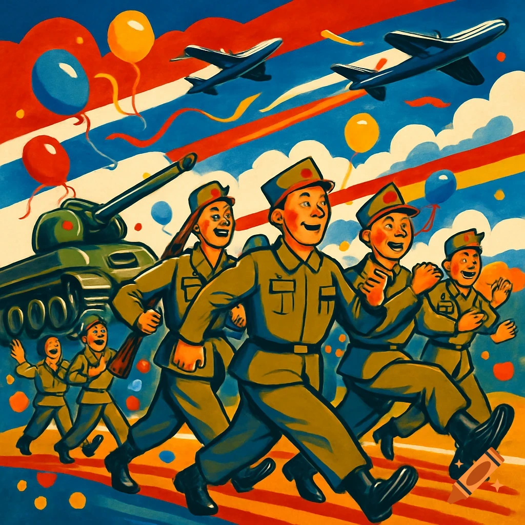 A colorful propaganda poster depicts cheerful soldiers marching with a tank and fighter jets in the sky, surrounded by balloons and streamers.