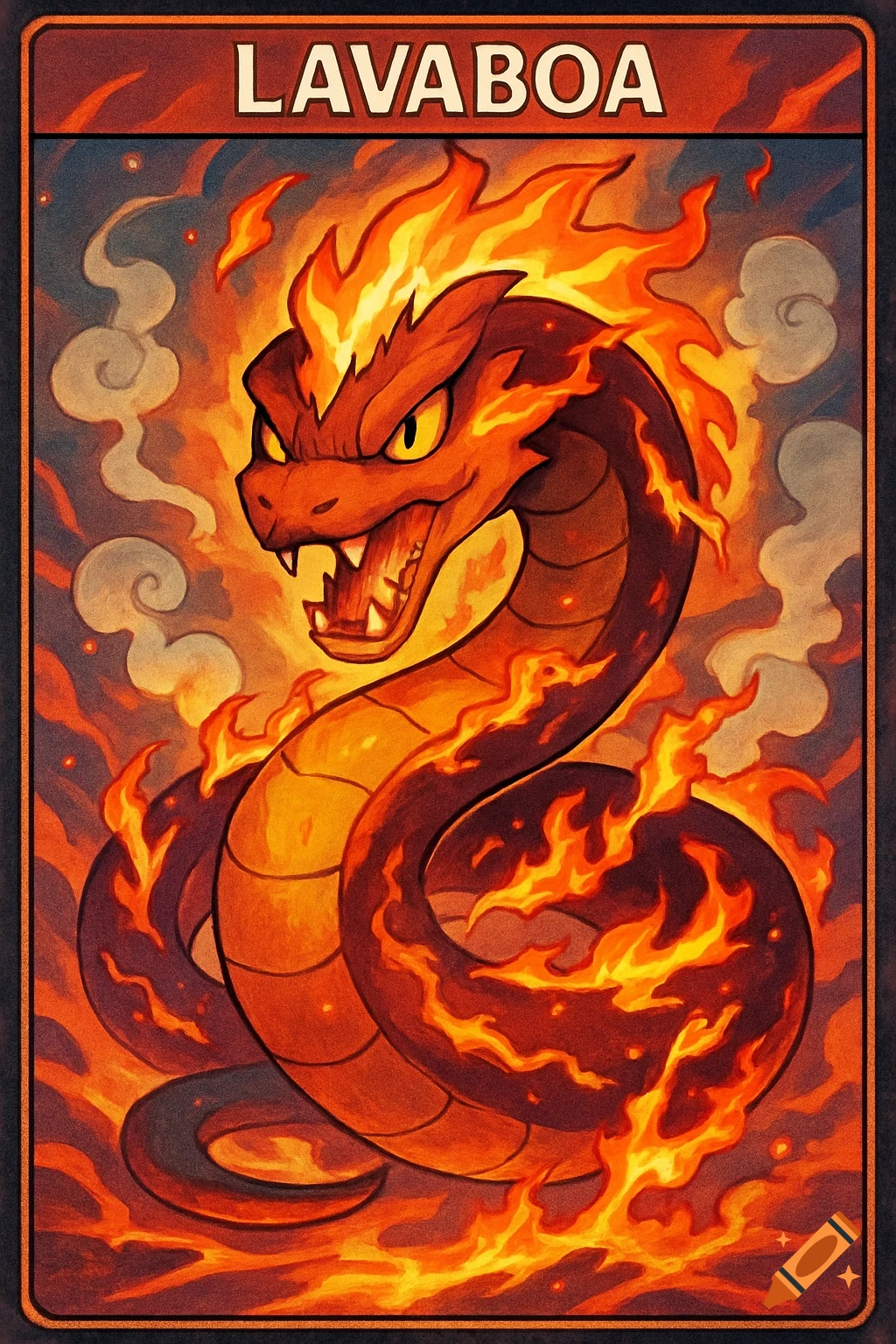 A stylized, fiery red and orange snake monster named LAVABOA, with an aggressive open-mouthed expression and flames around its body, in a 2D anime/manga card game art style.