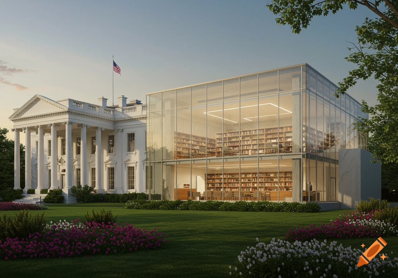 The White House with a modern, multi-story glass library extension on its side, surrounded by green lawns and colorful flowers.
