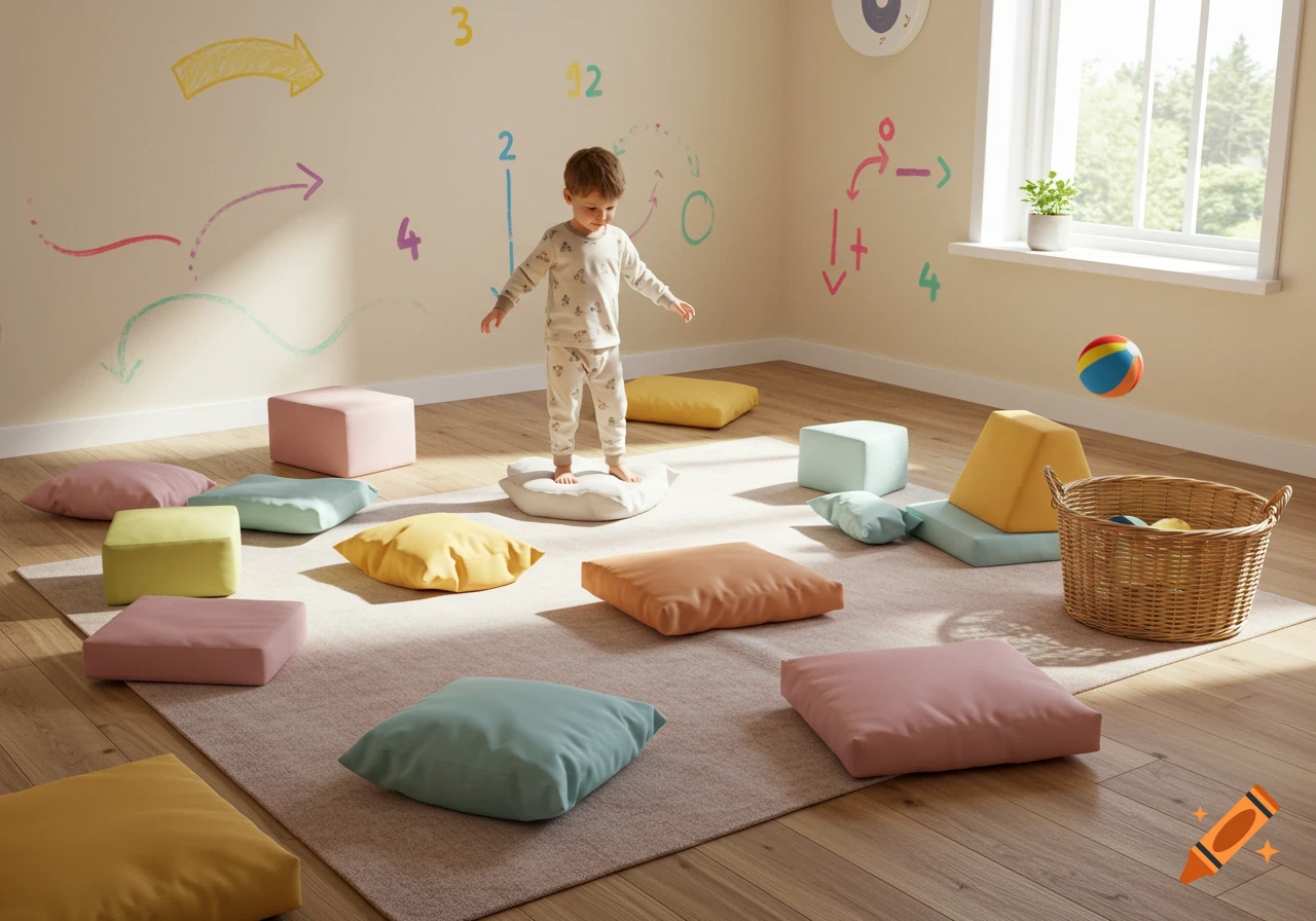 A young child balances on a white cushion in a brightly lit room with colorful floor cushions and wall drawings, next to a basket and a ball.