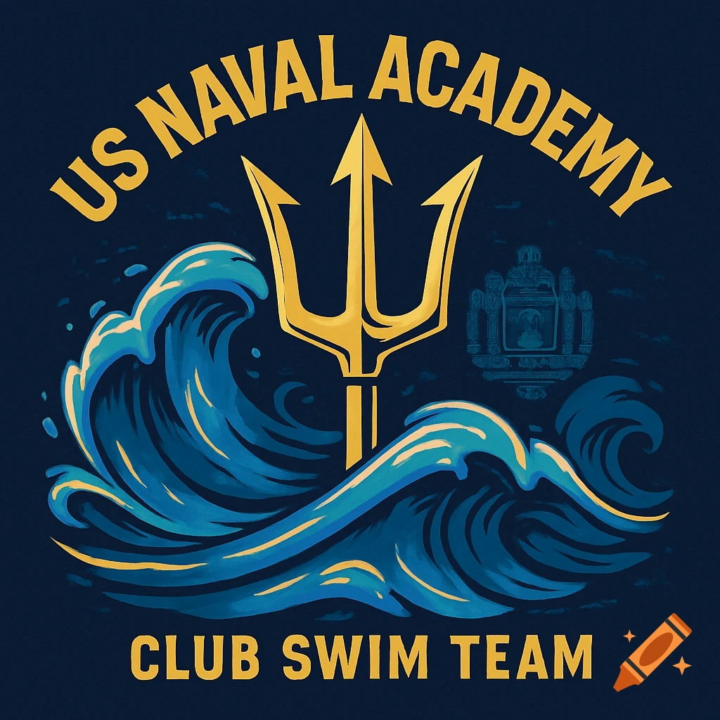 A gold trident emerging from blue waves, with the text "US NAVAL ACADEMY" in an arch above and "CLUB SWIM TEAM" below, on a dark blue background.