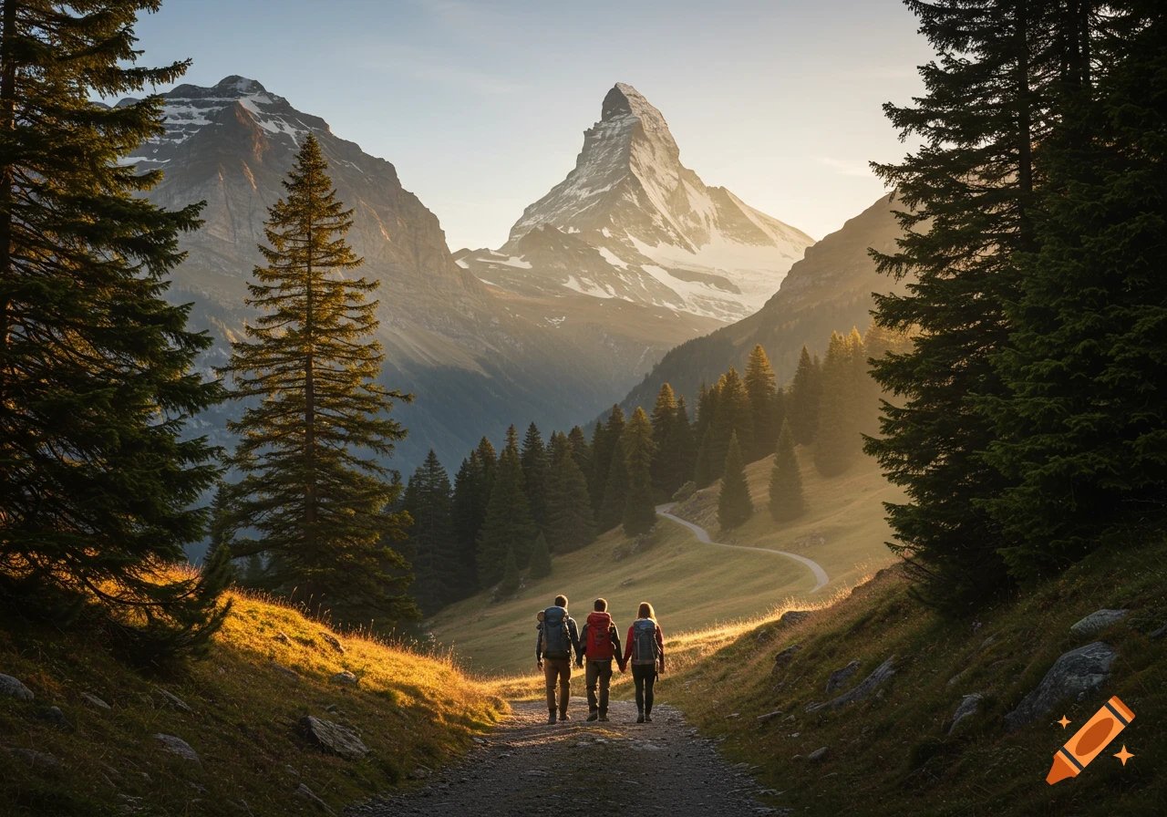 Three hikers walk on a winding dirt path towards a majestic, snow-capped mountain illuminated by golden sunlight.