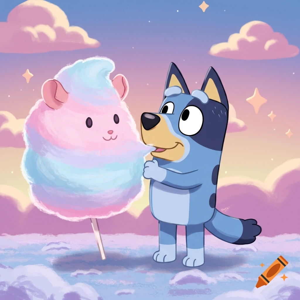 Bluey stands next to a smiling, ear-adorned cotton candy creature in a pastel sky with clouds.