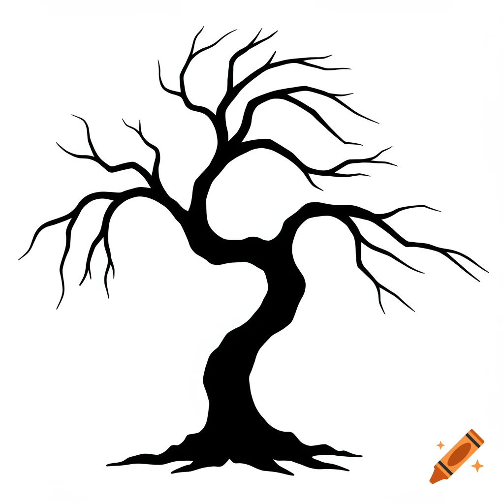 A spooky black tree silhouette against a white background.