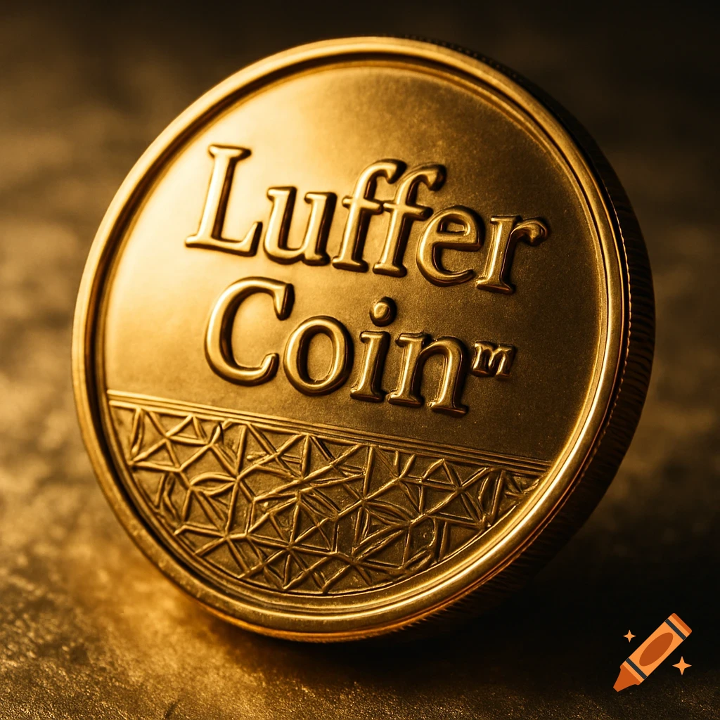 A close-up, photorealistic shot of a gold coin with 'Luffer Coin™' embossed on its surface.
