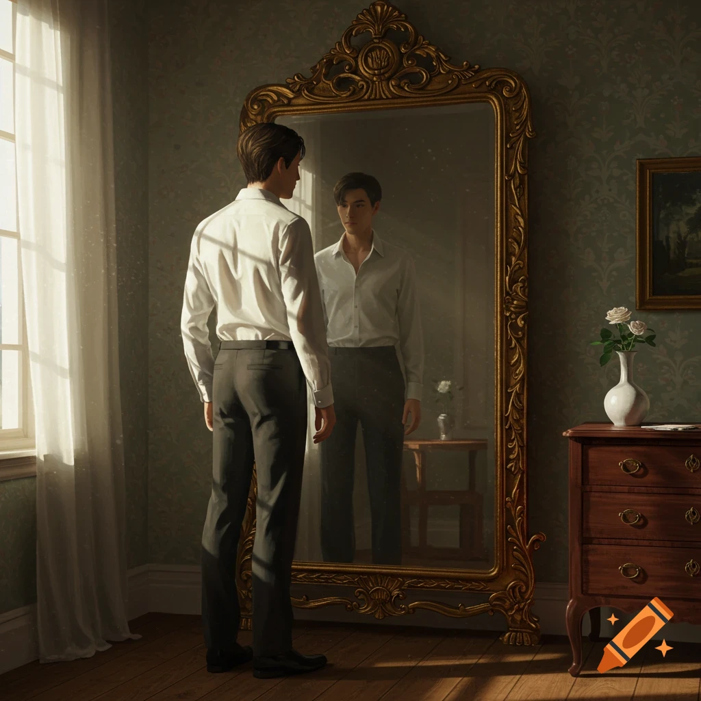 A man in a white shirt and dark pants stands with his back to the viewer, looking at his reflection in a large, ornate golden mirror in a dimly lit room.