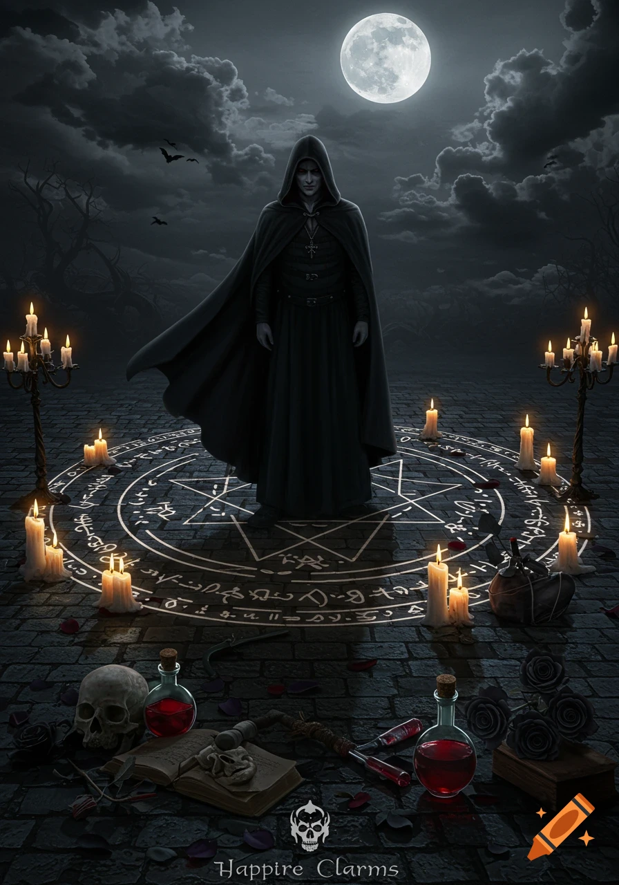 A mysterious hooded figure in a dark cloak stands on a stone ground with glowing symbols, surrounded by lit candles and occult items under a full moon.