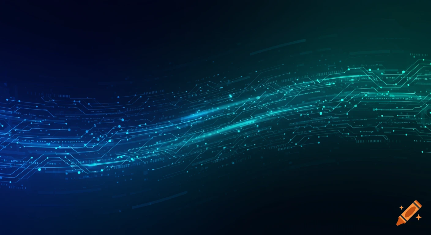An abstract digital background with glowing blue and green circuit board lines and dots against a dark gradient.