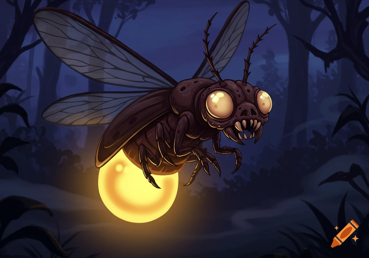 A scary cartoon firefly character with big glowing eyes, sharp teeth, and a glowing yellow abdomen flies in a dark forest.