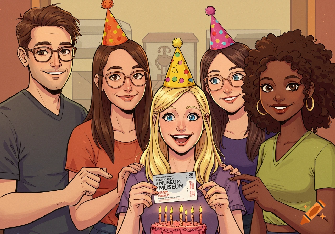 Five friends in comic art celebrate a blonde woman's birthday, giving her a museum ticket and cake with candles.