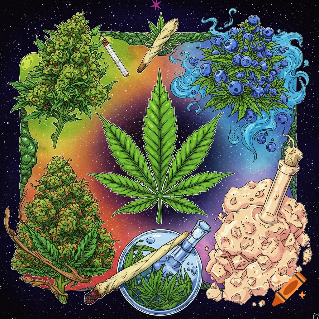 Vibrant psychedelic cartoon illustration of a cannabis leaf, buds, joints, a bong, and blueberries, against a starry, rainbow cosmic background.