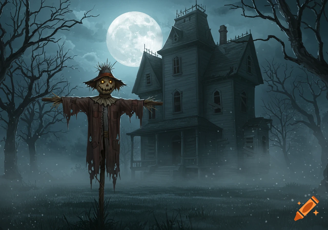 A spooky scarecrow with glowing eyes stands in a misty field in front of a haunted house under a full moon.