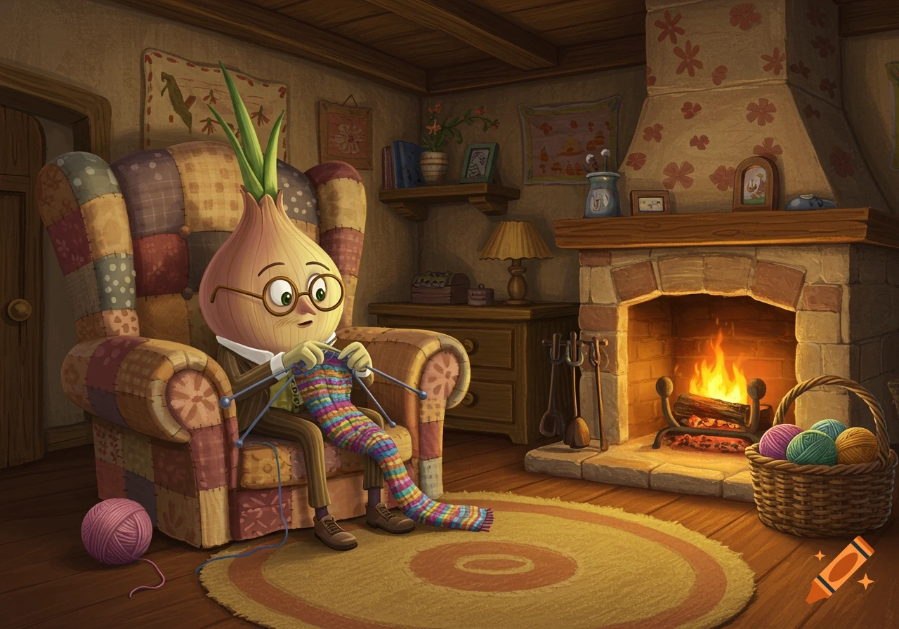 A cartoon onion character wearing glasses sits in a patchwork armchair, knitting a colorful scarf by a warm fireplace in a cozy room.