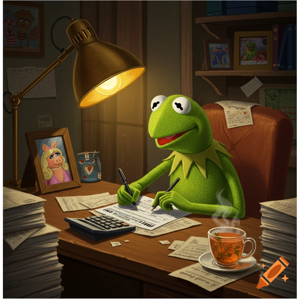 Kermit the Frog sits at a cluttered desk, diligently filling out paperwork with two pens, beside a calculator, tea, and a Miss Piggy photo in an illustrated, cartoon style.