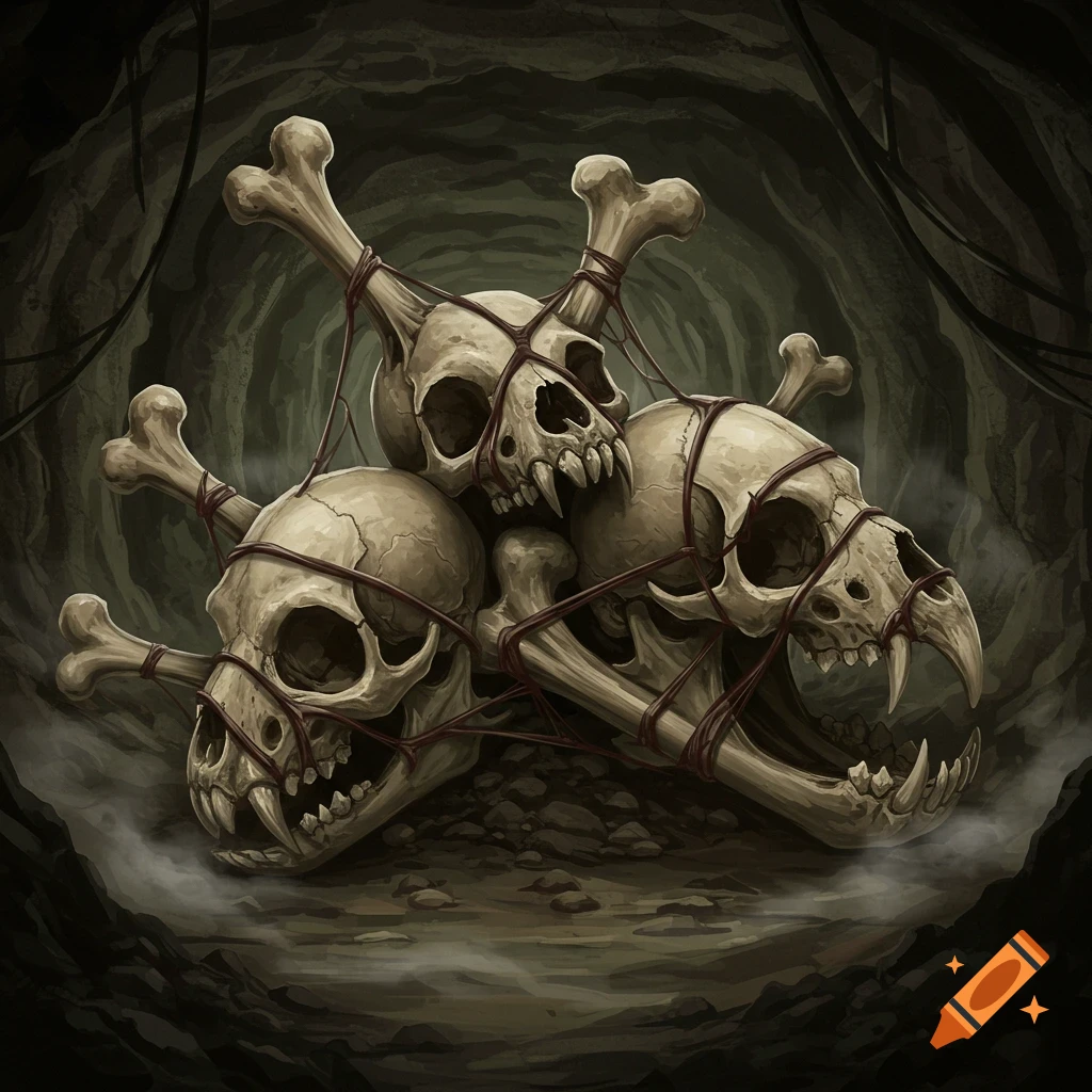 Stylized illustration of multiple animal skulls and bones tied together with red sinew in a dark, gloomy cave.