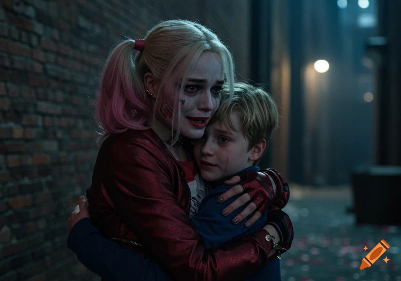 Harley Quinn, with smeared makeup and tears, tearfully embraces a crying young boy in a dark alley at night. Photorealistic style.