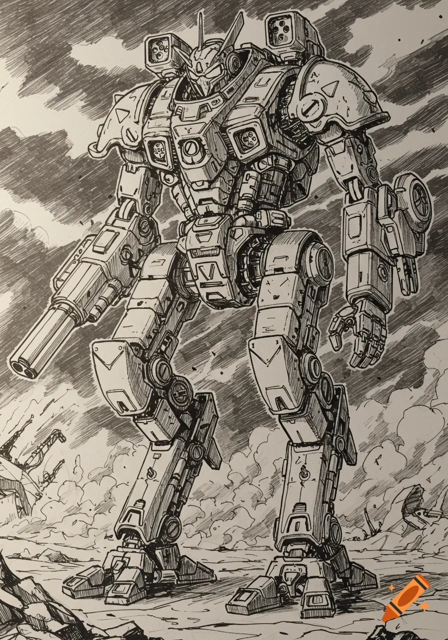 Detailed black and white ink drawing of a giant mech warrior standing in a ruined, cloudy landscape, rendered with thick pen crosshatching.
