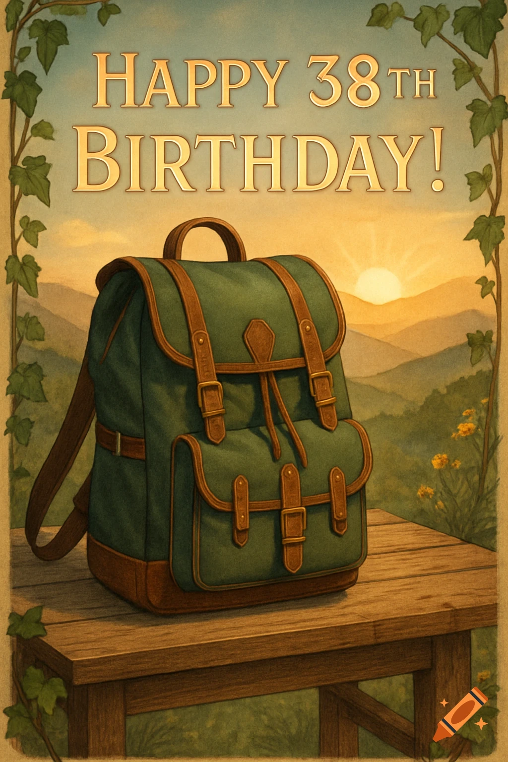An illustrated birthday card featuring a green and brown backpack on a wooden table, with mountains and a sunset in the background. The card reads 'HAPPY 38TH BIRTHDAY!' at the top.