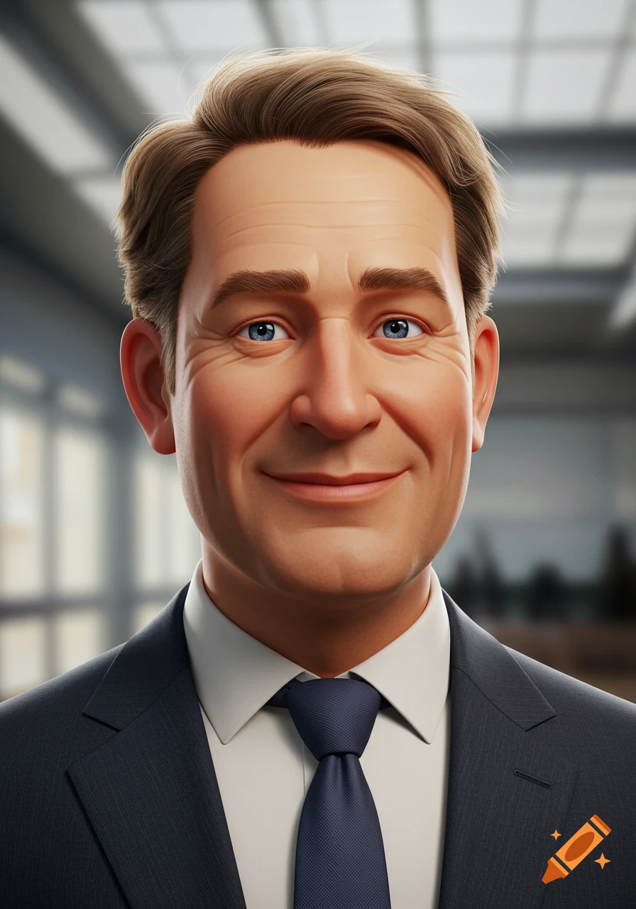 Animated, stylized portrait of a friendly middle-aged man with light brown hair and blue eyes, smiling in a dark suit.