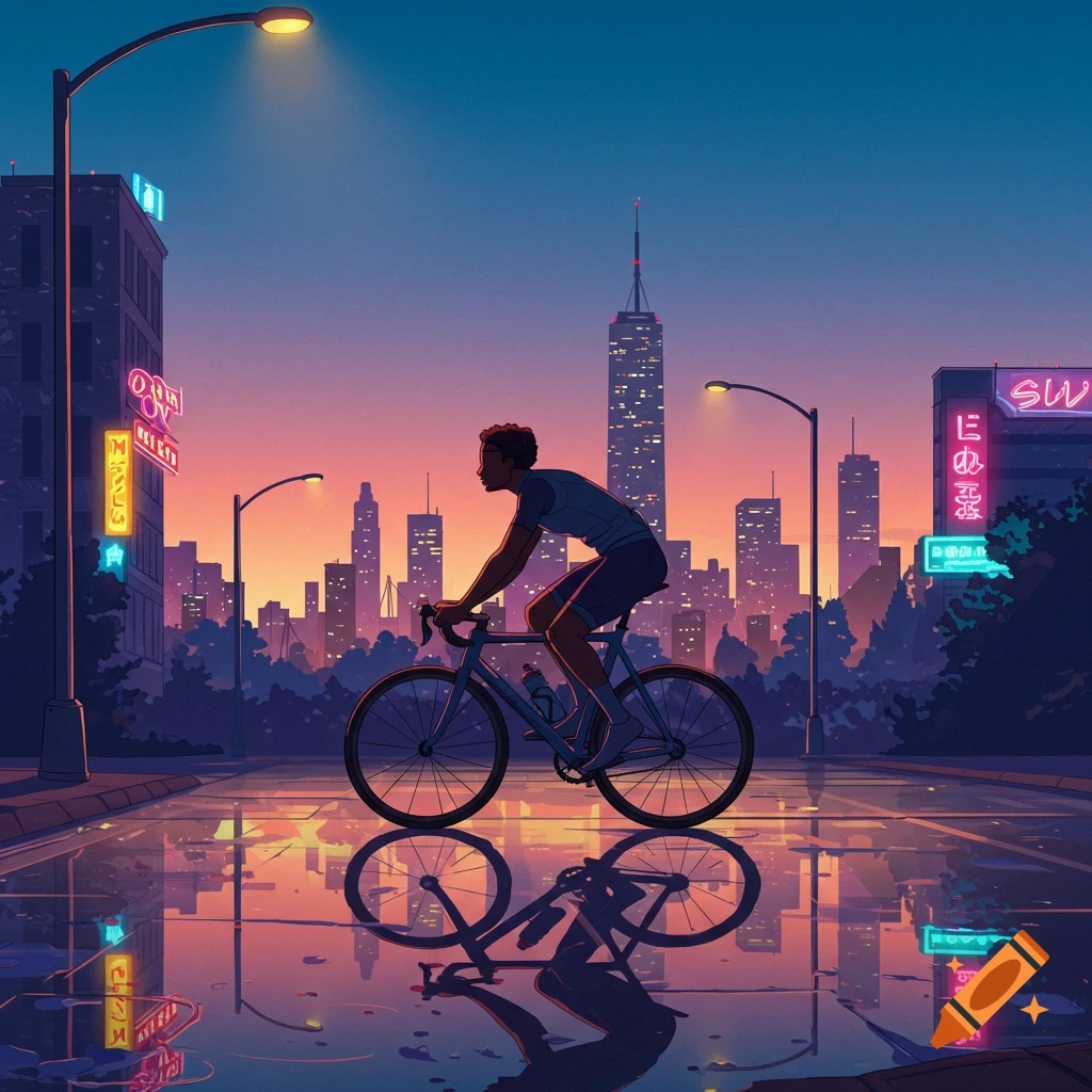 An African American person bikes through a neon-lit city at sunset, reflected in wet pavement, in a vibrant digital art style.