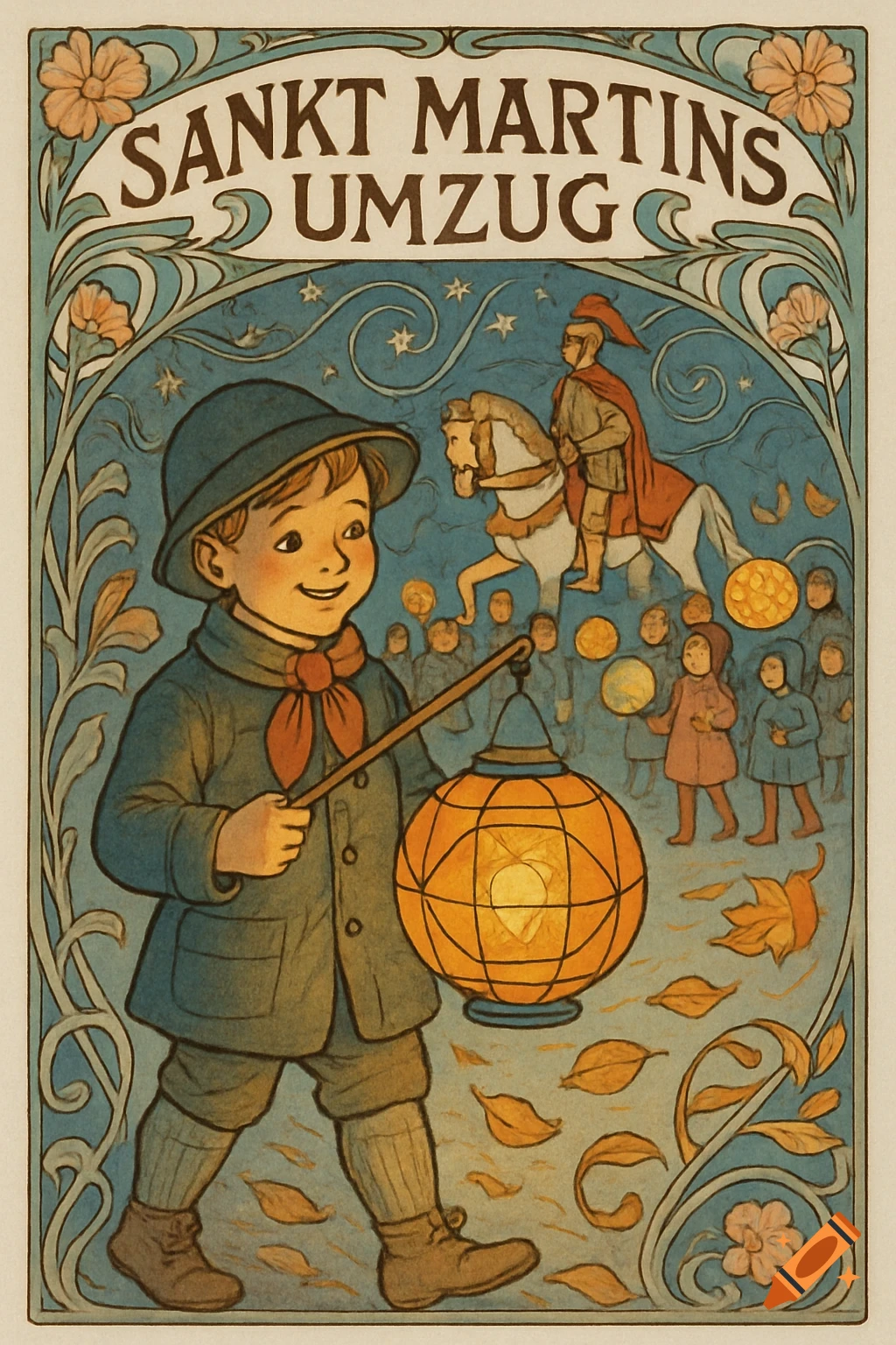A boy with a lantern leads a St. Martin's Day procession in an Art Nouveau poster.