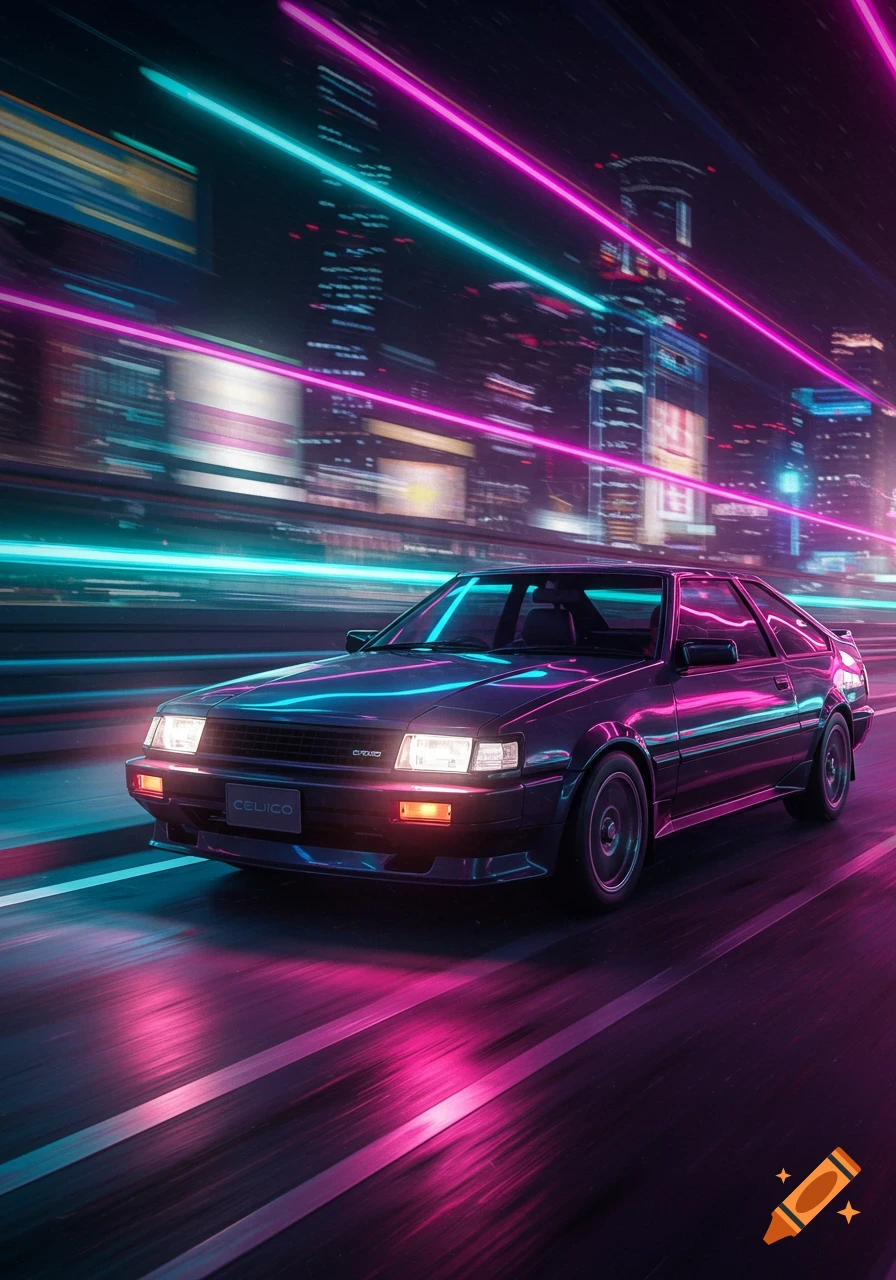 A dark car with neon blue and pink reflections speeds through a futuristic city at night, leaving light trails.