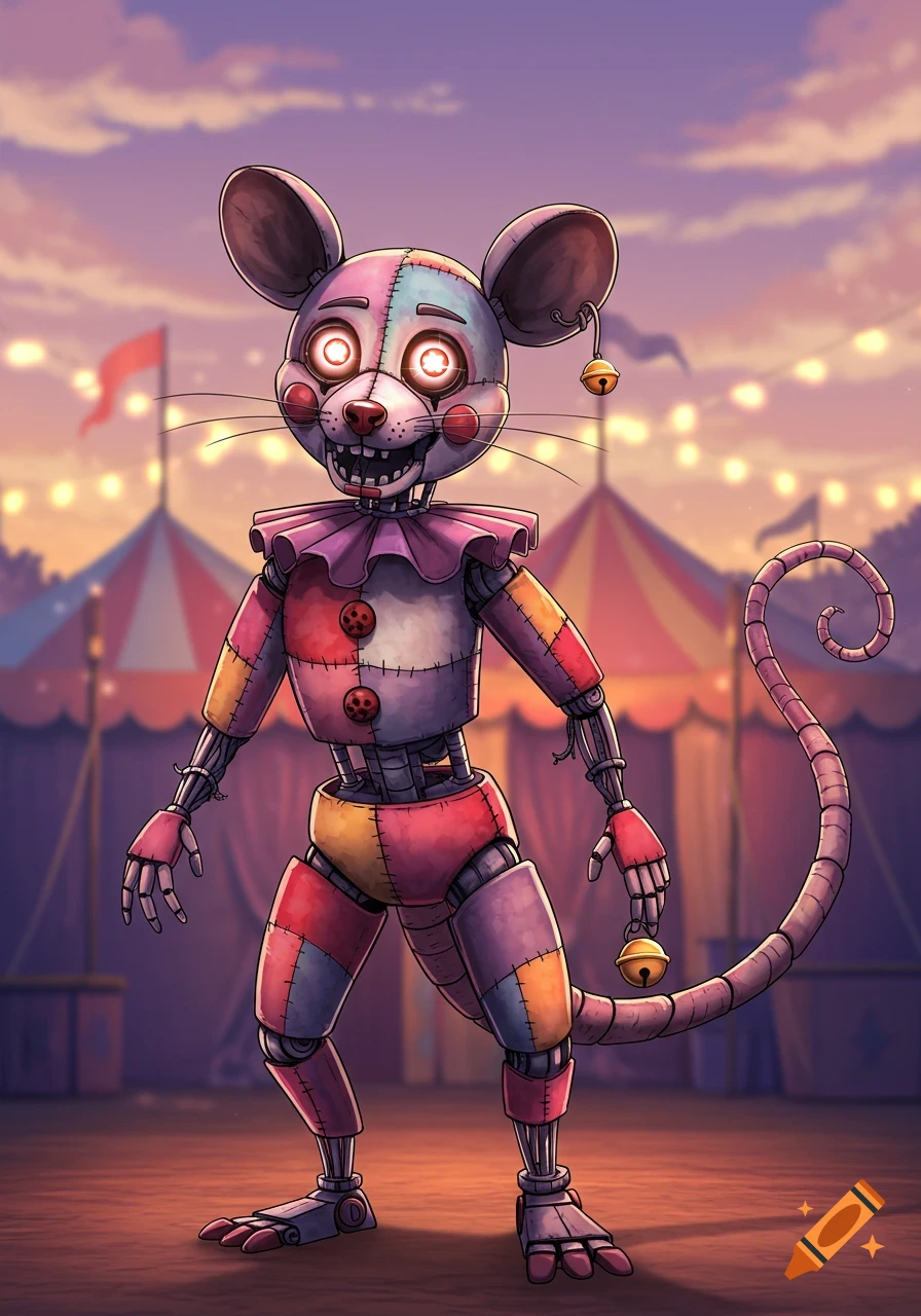 Anime-style animatronic mouse clown with glowing eyes and patched fabric body standing in a colorful circus tent setting at dusk.
